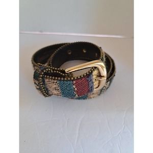 Womens Belt Aztec Western Sz M-LG Burgendy Green USA Twill Gold Buckle Artsy